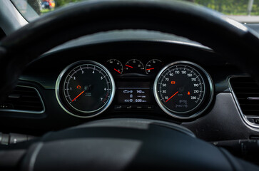 Car Dashboard with Warning Lights and Digital Display