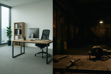 Fototapeta premium Contrasting workspaces modern office and dimly lit workshop interior design urban environment dual perspective