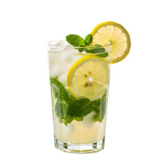 Fototapeta premium Refreshing cocktail with lemon, mint, and ice in a tall glass, garnished with citrus slices, isolated on transparent background