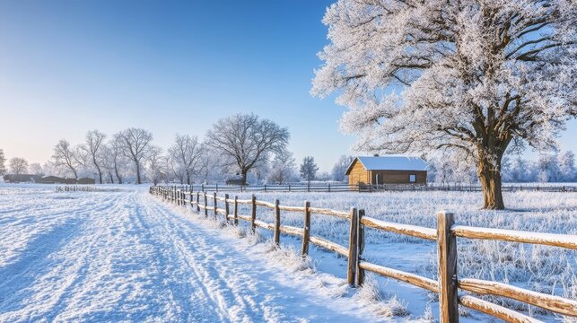 Serene Winter Landscape with Snow-Covered Fields, Rustic Cabin, Wooden Fence, and Frosty Trees