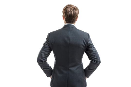 Man in suit standing with hands on hips looking away isolated on transparent background. Back view of business person isolated on white background.