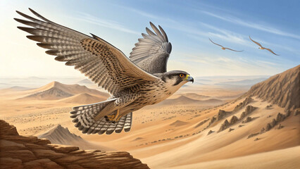 Falconry bird of prey peregrine falcon flying over desert landscape wildlife animal illustration art
