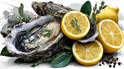 Horizontal border with oysters on a white background. Hand-drawn oysters, lemon slices, herbs, and salt. Hand-drawn seafood delicacies for restaurant and seafood café menus, packaging design.