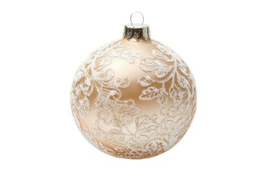 Elegant vintage oval christmas ornament with intricate floral pattern isolated on transparent background. Beige glass christmas ball isolated on white background.