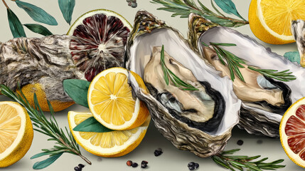 Horizontal border with oysters on a white background. Hand-drawn oysters, lemon slices, herbs, and salt. Hand-drawn seafood delicacies for restaurant and seafood café menus, packaging design.