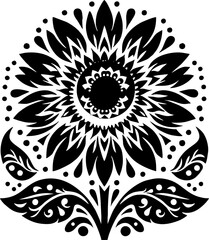 Sunflower Solid Black Vector Silhouette in Traditional Mexican Folk Art Style