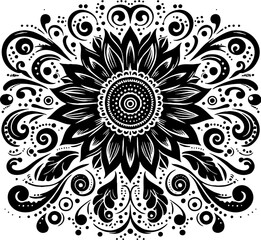 Sunflower Solid Black Vector Silhouette in Traditional Mexican Folk Art Style