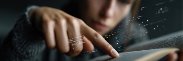 A person is pointing at text in a book, with digital elements appearing around their finger, suggesting a blend of reading and technology.