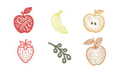  doodle hand drawn apple,banana,olive,strawberry vector.