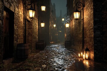Narrow, misty alleyway lit by oil lamps
