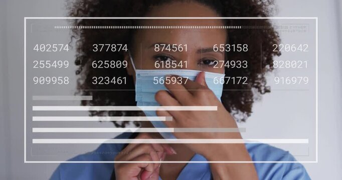 Medical nurse raising mask and molding nose bridge while data bars shifting for clinical readiness