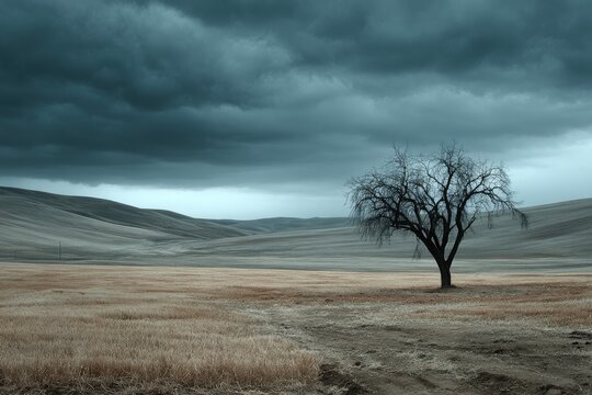 Barren landscape under a stormy sky; lone, leafless tree
