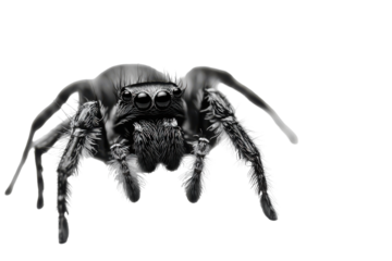 Close up macro of a jumping spider isolated on transparent background. Black spider isolated on white background.