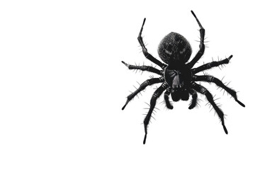 Close up of a dark spider with many legs isolated on transparent background. Black spider isolated on white background.