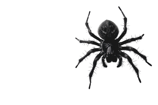 Close up of a dark spider with many legs isolated on transparent background. Black spider isolated on white background.