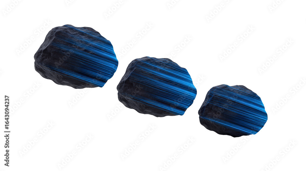 Poster three abstract rocks with textured surface and blue streaks create visually striking composition. ro