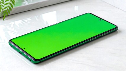 Modern smartphone with green screen lying flat on white marble surface near plant
