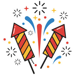 Obraz premium Colorful fireworks display, with two striped rockets exploding in a festive design.