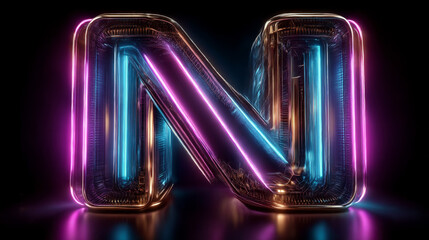 Neon Light Alphabet N with clipping path. 3D illustration