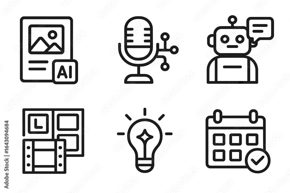 Aufkleber exploring concepts of artificial intelligence with icons representing creativity, media, and technol