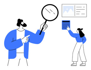 Person examining with magnifying glass and another interacting with a calculator near documents. Ideal for research, analysis, problem-solving, decision-making, teamwork, business strategies