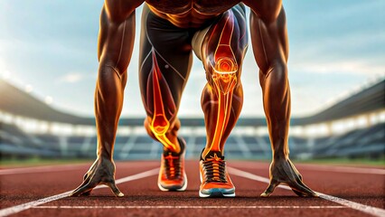 Athlete at starting line on track with highlighted knee joints showing anatomy and muscle structure, concept of sports science and performance
