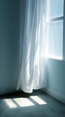 Sunlit Window with Flowing White Curtains