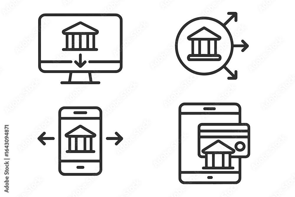 Poster digital currency transactions on computer and mobile devices with bank symbols showcasing modern fin