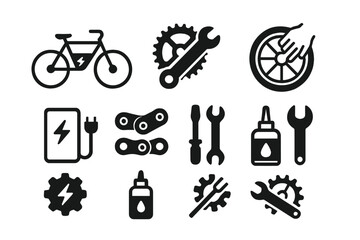 Fototapeta premium Electric bicycle maintenance icons featuring tools, gears, and components for repair and upkeep