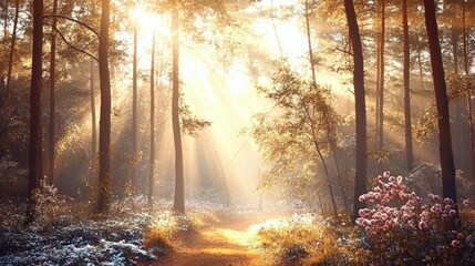 Obraz premium Enchanting forest landscape bathed in golden sunlight, showcasing vibrant colors and tranquility.