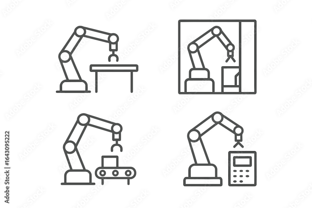 Aufkleber industrial robotic arms in various settings performing tasks such as assembly and packaging in a mod