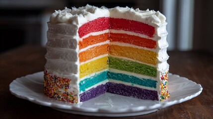 Colorful layered cake showcases vibrant rainbow colors and creamy frosting for a festive celebration dessert