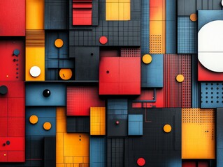 Dynamic Geometric Abstraction: A Vivid Composition of Interlocking Rectangles, Squares, and Circles in Bold Red, Yellow, Blue, and Black with Rich Textural and Relief Details.