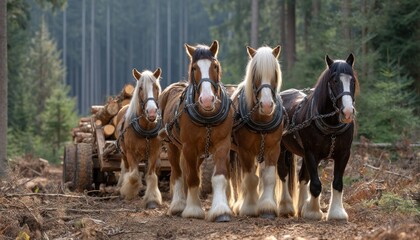 Working horses pulling logs in forest, sustainable forestry practices