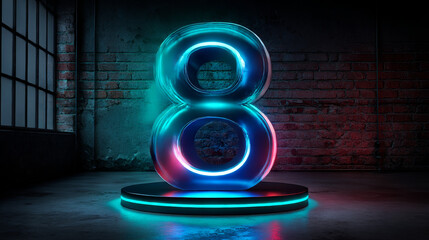 Number 8, Alphabet made from Neon Light with clipping path. 3D illustration