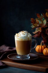 A cozy cup of pumpkin spice latte topped with whipped cream, surrounded by autumn leaves and pumpkins, creating a warm, inviting atmosphere.