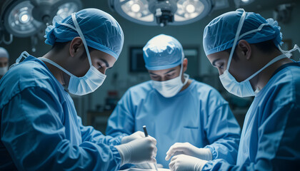 A dedicated team of professional surgeons in blue scrubs performing a complex medical procedure in a modern hospital operating room