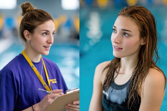 Swimming coach taking notes while talking to swimmer by the poolside - Powered by Adobe
