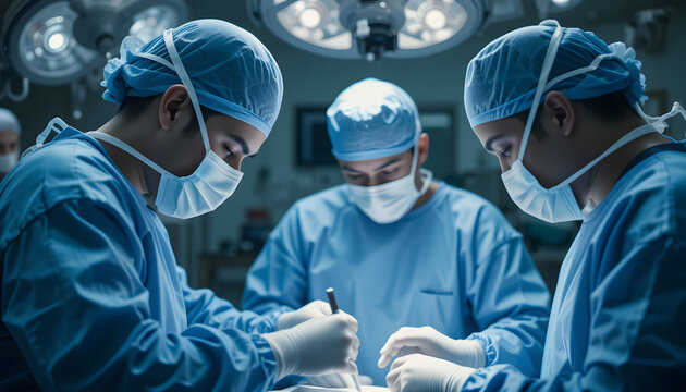A dedicated team of professional surgeons in blue scrubs performing a complex medical procedure in a modern hospital operating room
