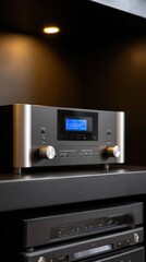 Obraz premium Modern amplifier displaying information on dark background