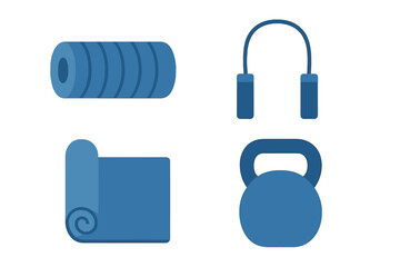 Fitness equipment in blue tones including a yoga mat, weights, and headphones for indoor workouts