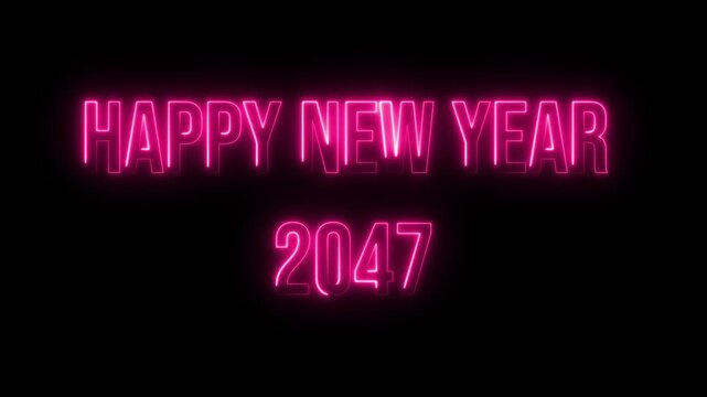 Happy New Year 2047. Neon glow colorful text animation on black background