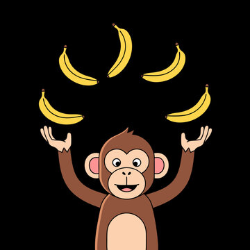 A cheerful brown cartoon monkey skillfully juggling five yellow bananas with a happy expression.