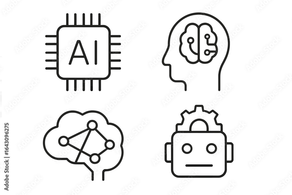 Poster various representations of artificial intelligence concepts and technologies depicted through simple