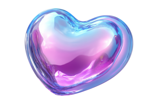 Iridescent blue heart shape isolated on transparent background. Blue heart fluid holographic Iridescent isolated on white background, 3d rendering.