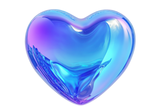 Iridescent blue heart shape isolated on transparent background. Blue heart fluid holographic Iridescent isolated on white background, 3d rendering.