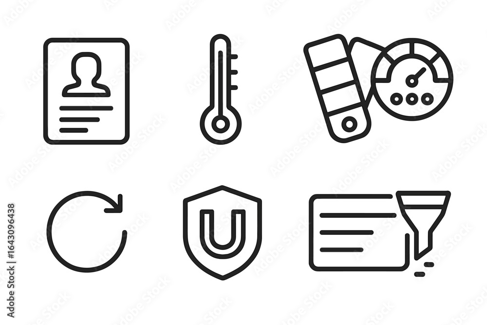Poster collection of minimalist icons representing various concepts including identification, temperature, 
