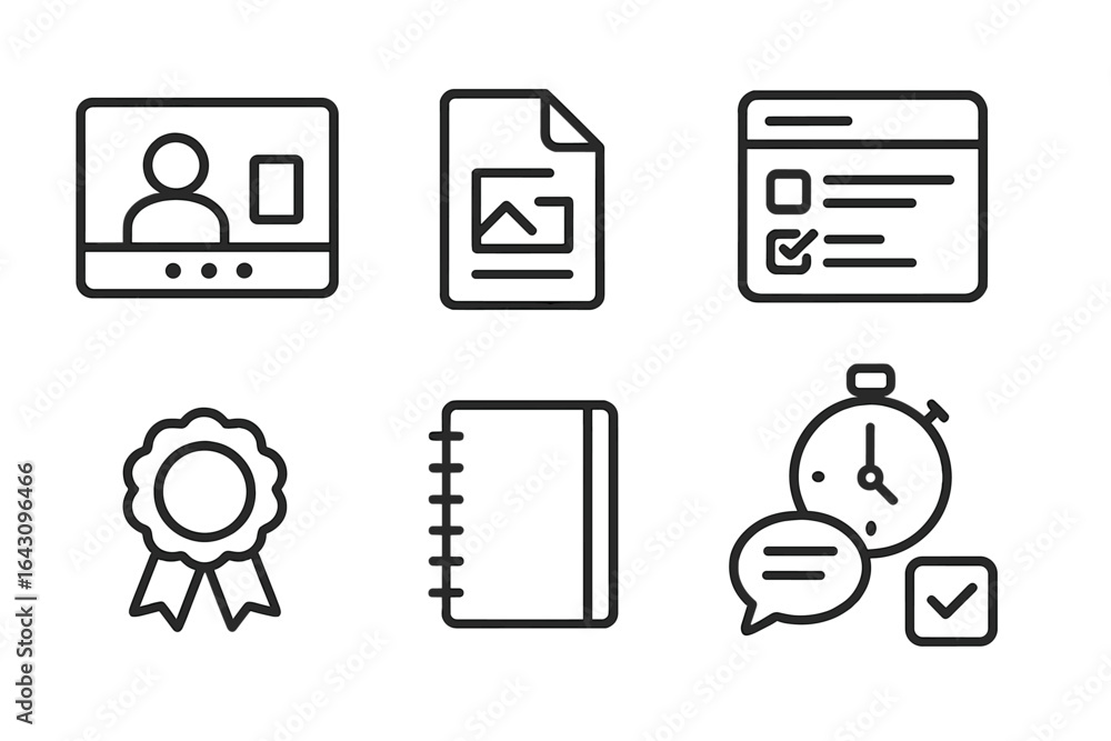 Poster creative design elements showcasing digital project components including a video call, document, web