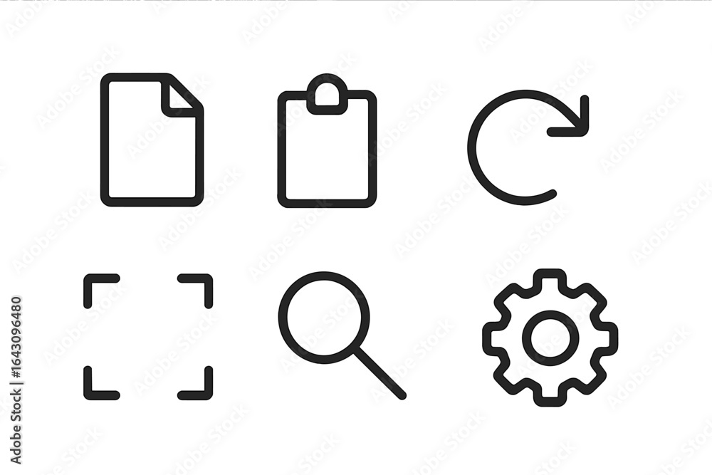 Poster collection of simple line icons representing various document and search functions for user interfac