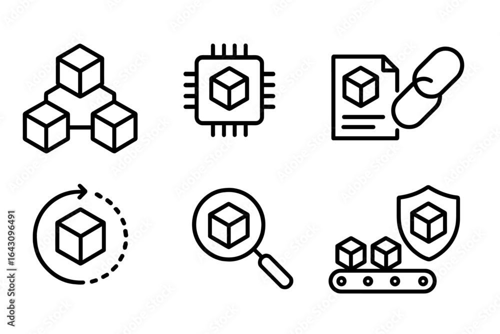 Poster illustrations of various digital elements related to packaging and logistics in a minimalistic desig